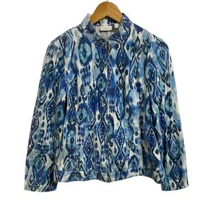 Chicos Blue Abstract Artsy Zip Front Jacket Linen‎ Blend Costal Resort Size 1 /M